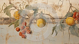 Fruits on old cracked wall fresco, vintage painting of food, Ancient art of still life. Concept of beauty, mural, history, berry,