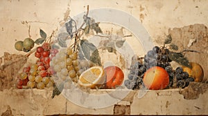 Fruits on old cracked wall fresco, vintage painting of food, Ancient art of still life. Concept of beauty, mural, history, culture