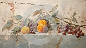 Fruits on old cracked wall fresco, vintage painting of food, Ancient art of still life. Concept of beauty, mural, history, grape,