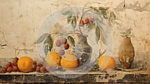 Fruits on old cracked wall fresco, vintage painting of food and vases on table, Ancient art of still life. Concept of beauty,