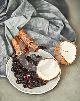 Fruits and pastilles on a gray background