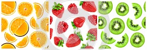 Fruits pattern. Background of orange, kiwi and strawberry. Fresh ripe food
