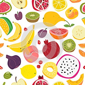 Fruits pattern. Fruit seamless print natural cute fresh food colorful summer textile cartoon, vector texture