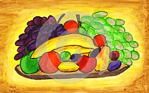 Fruits on plate, painting