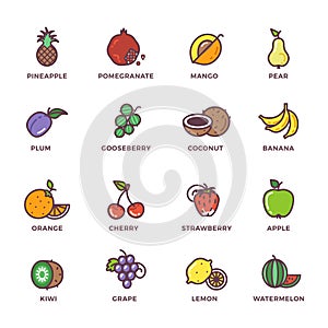 Fruits raw food colored vector icons set