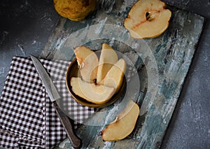 fruits on the retro table, quince in the basket