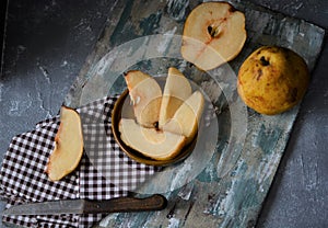 fruits on the retro table, quince in the basket
