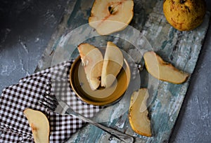 fruits on the retro table, quince in the basket