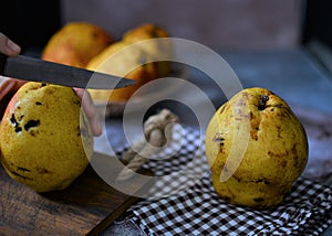 fruits on the retro table, quince in the basket