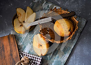 fruits on the retro table, quince in the basket