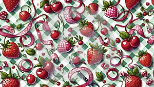 A Fruits Ribbon Fun abstract check cherry pattern, Ai generated image