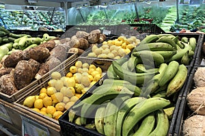 Fruits, root crops and vegetables in a local market