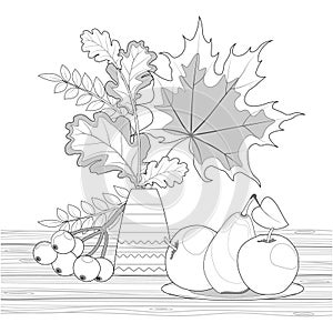 Fruits, rowan and autumn leaves for coloring book page.