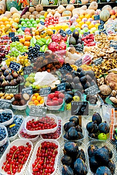 Fruits in shop in La Boqueria Market at Barcelona