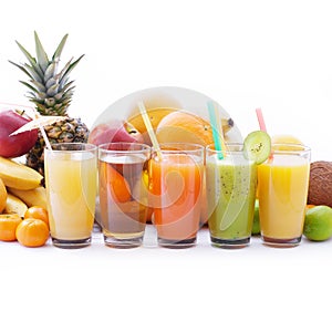 Fruits smoothies, summer cool drinks top view macro