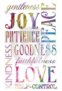 Fruits of the spirit bible verse in elegant typography with rainbow colors