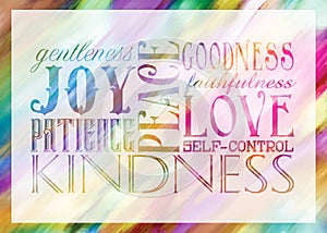 Fruits of the Spirit in elegant typography against a rainbow colored background