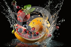 Fruits with a splash of water on a black background
