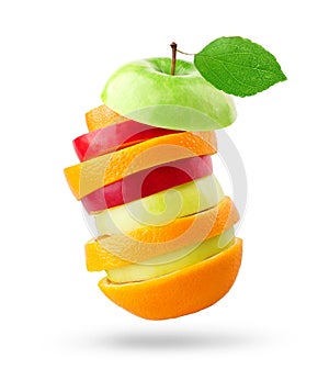 Fruits. Stack of apple and orange slices on white