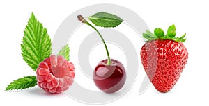 Fruits. Strawberry, cherry and raspberry on white