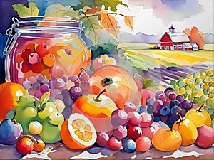 Fruits of Summer watercolor style image with farmhouse in background