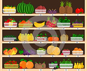 Fruits supermarket shelves. Food farm store interior with fruit showcase, fresh grocery shop with eco ripe apples and