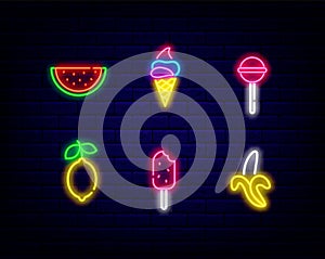 Fruits and sweets neon icons collection. Ice cream and lollipop. Lemon, banana and watermelon. Vector illustration