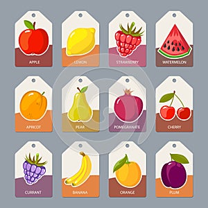 Fruits tags. fresh healthy food apples oranges photo