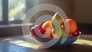 Fruits in a vase: apples, oranges, pears,