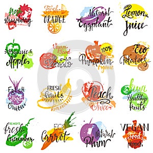 Fruits vector fruity eco food apple banana vegetable tomato pumpkin logo with lettering sign illustration fruitful