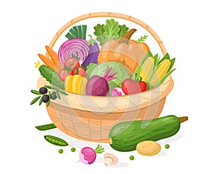 Fruits, vegetable in cartoon basket, farm market healthy food