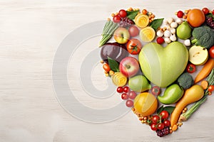 fruits and vegetable, healthy food ingredients in heart shape by generative AI.