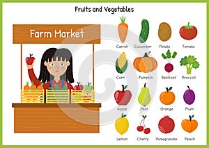 Fruits and vegetables set. Farm market collection. A stand with a cute girl selling fruits