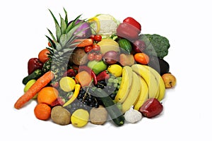 Fruits and vegetables apples isolated white pineapple,Strawberry Grapes potatoes carrots peppers