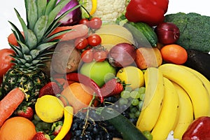 Fruits and vegetables apples isolated white pineapple,Strawberry Grapes potatoes carrots peppers