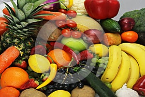 Fruits and vegetables apples isolated white pineapple,Strawberry Grapes potatoes carrots peppers