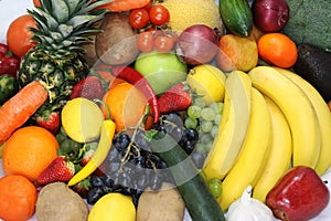 Fruits and vegetables apples isolated white pineapple,Strawberry Grapes potatoes carrots peppers