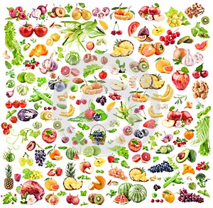 Fruits and vegetables background. Big Collection of fruits and vegetables isolated on white background.