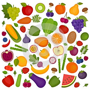 Fruits and vegetables background. Organic and healthy food. Flat
