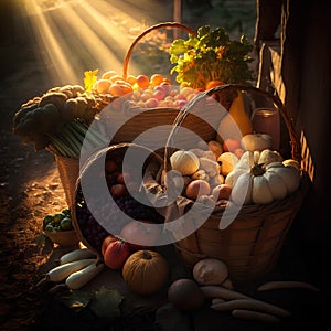 Fruits and vegetables in a basket on the background of the sun
