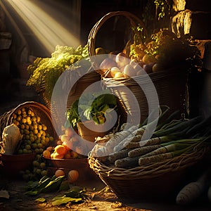 Fruits and vegetables in a basket on the background of the sun