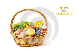 Fruits and vegetables in basket white background.