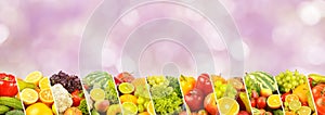 Fruits, vegetables, berries separated oblique lines on blurred background