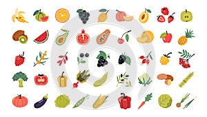 Fruits, vegetables and berries set in cartoon style. Healthy eating, fresh food. Trendy modern vector illustration