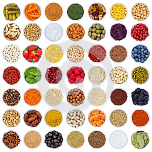 Fruits and vegetables berries spices herbs square sugar from above isolated on white