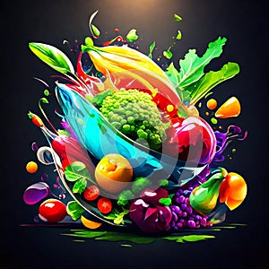 Fruits and vegetables in a bowl on a dark background. Vector illustration. generative AI