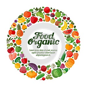 Fruits and Vegetables in a circle. Organic Food banner
