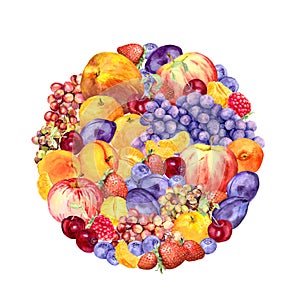 Fruits, vegetables in circle pattern. Healthy food watercolor