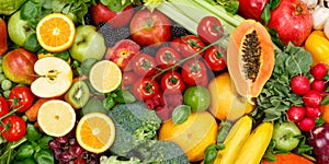 Fruits and vegetables collection food background banner apples oranges tomatoes fresh fruit vegetable