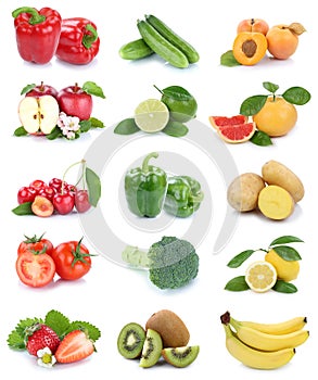 Fruits and vegetables collection isolated apples tomatoes strawberries colors fresh fruit